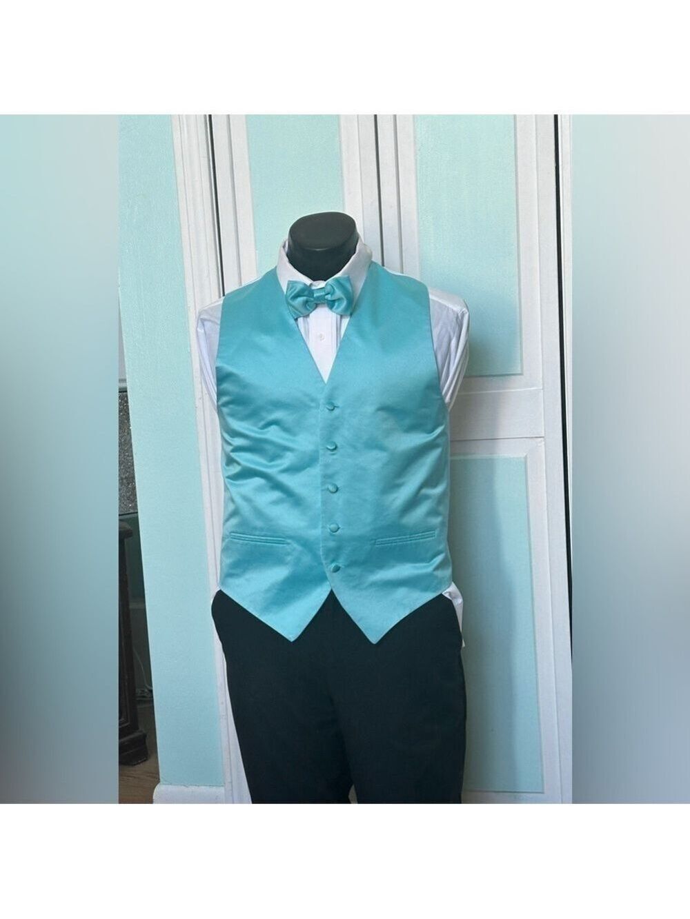 Pool Blue Aqua Satin Closed Back Vest Wedding Prom Men’s Small S with bow tie